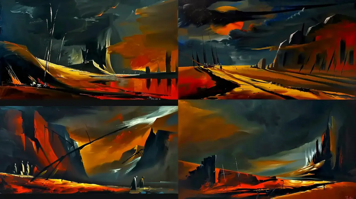 Abstract Expressive Landscapes with a Dystopian Twilight Ambiance - Midjourney sref style