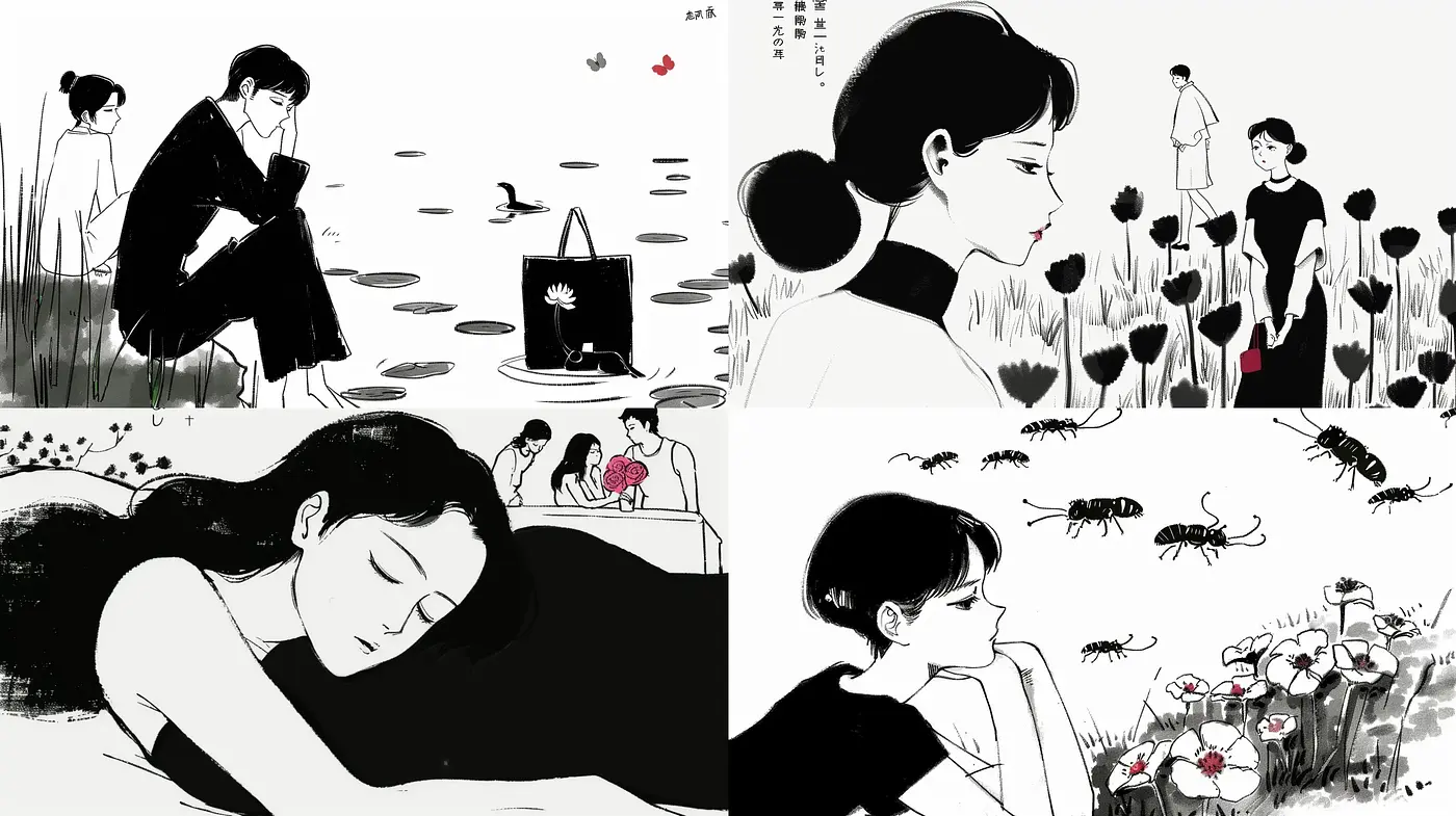 Monochromatic Serenity: A Minimalist Ink Wash Illustration Series - Midjourney sref style