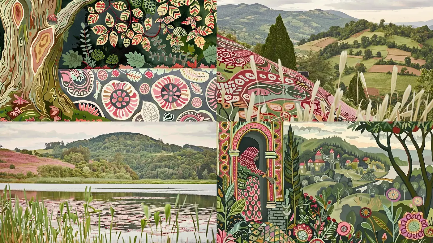 Intricate Nature Mosaic Patterns with a Pastoral Touch - Midjourney sref style
