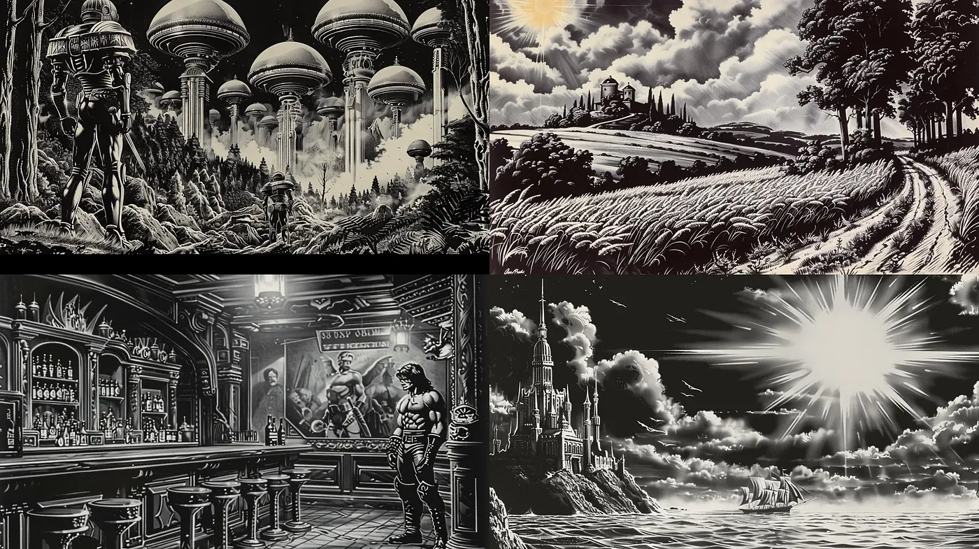 Monochromatic Homage to Retro Science Fiction and Classic Fantasy - Midjourney sref style