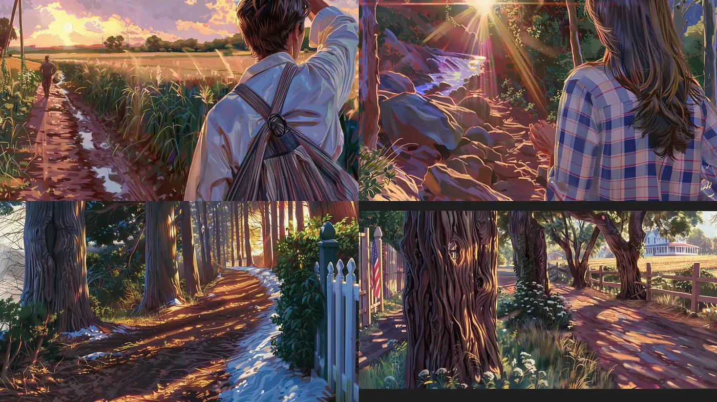 Serene Sunset Countryscapes in Luminous Hues - Midjourney sref style