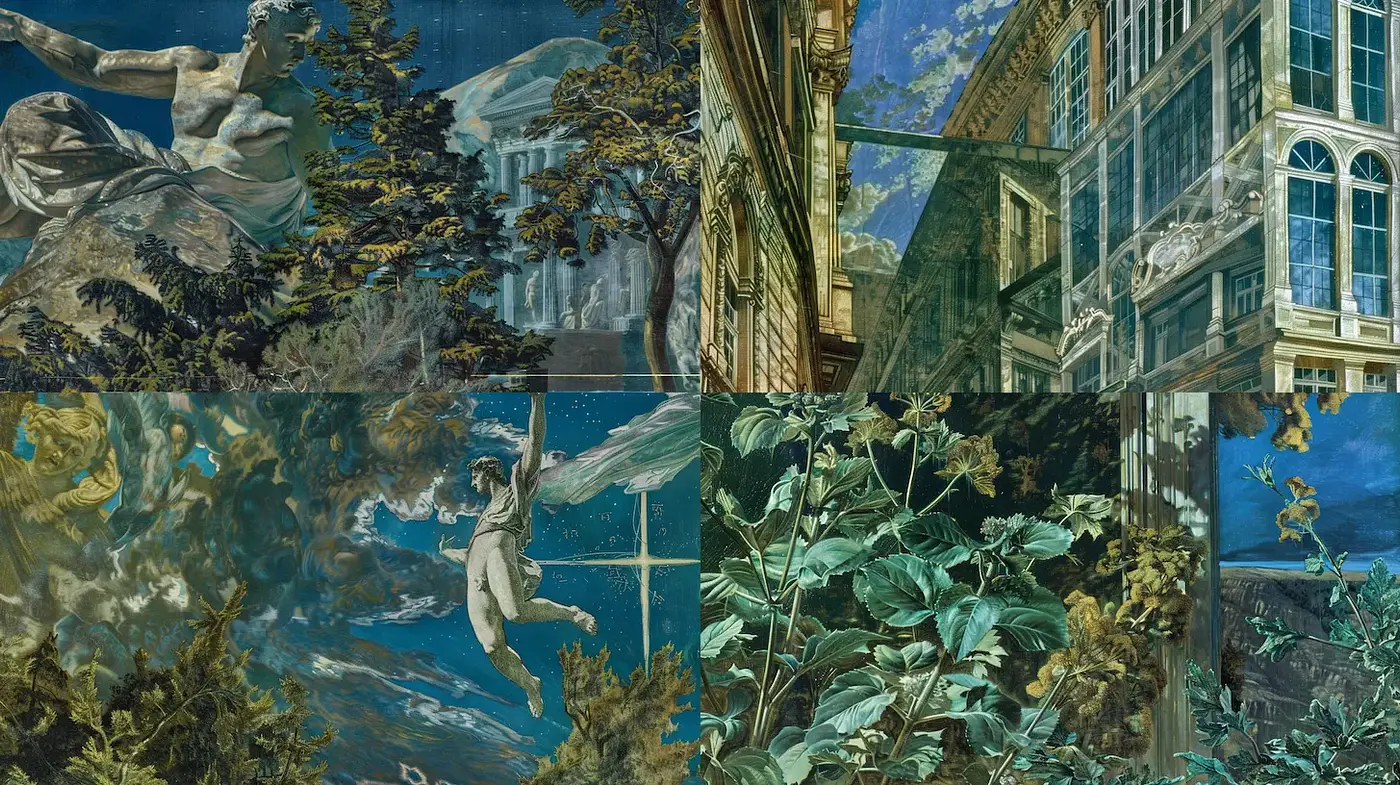 Surrealistic Blend of Nature and Architecture with Classical Influences - Midjourney sref style
