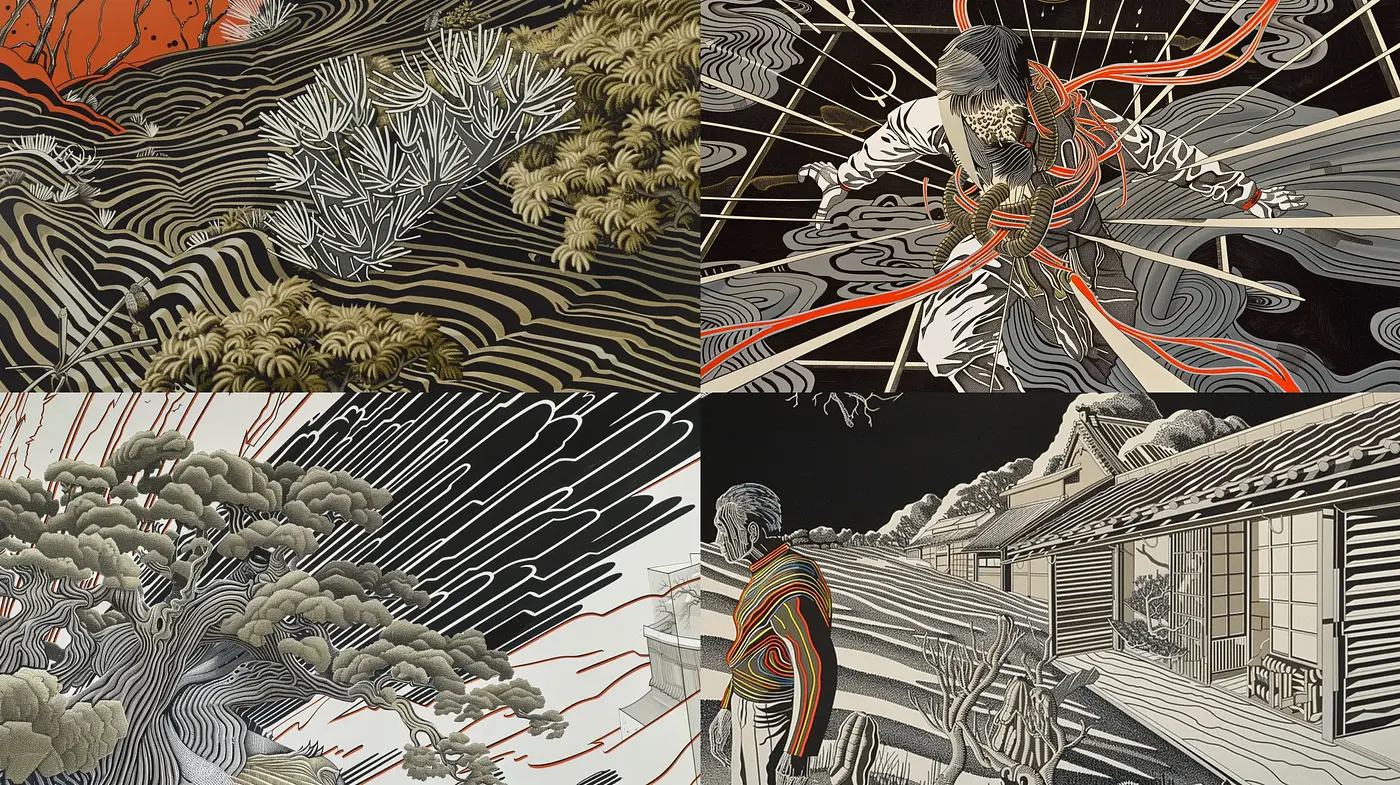 Monochromatic Ukiyo-e Fusion with Surreal Modernity - Midjourney sref style