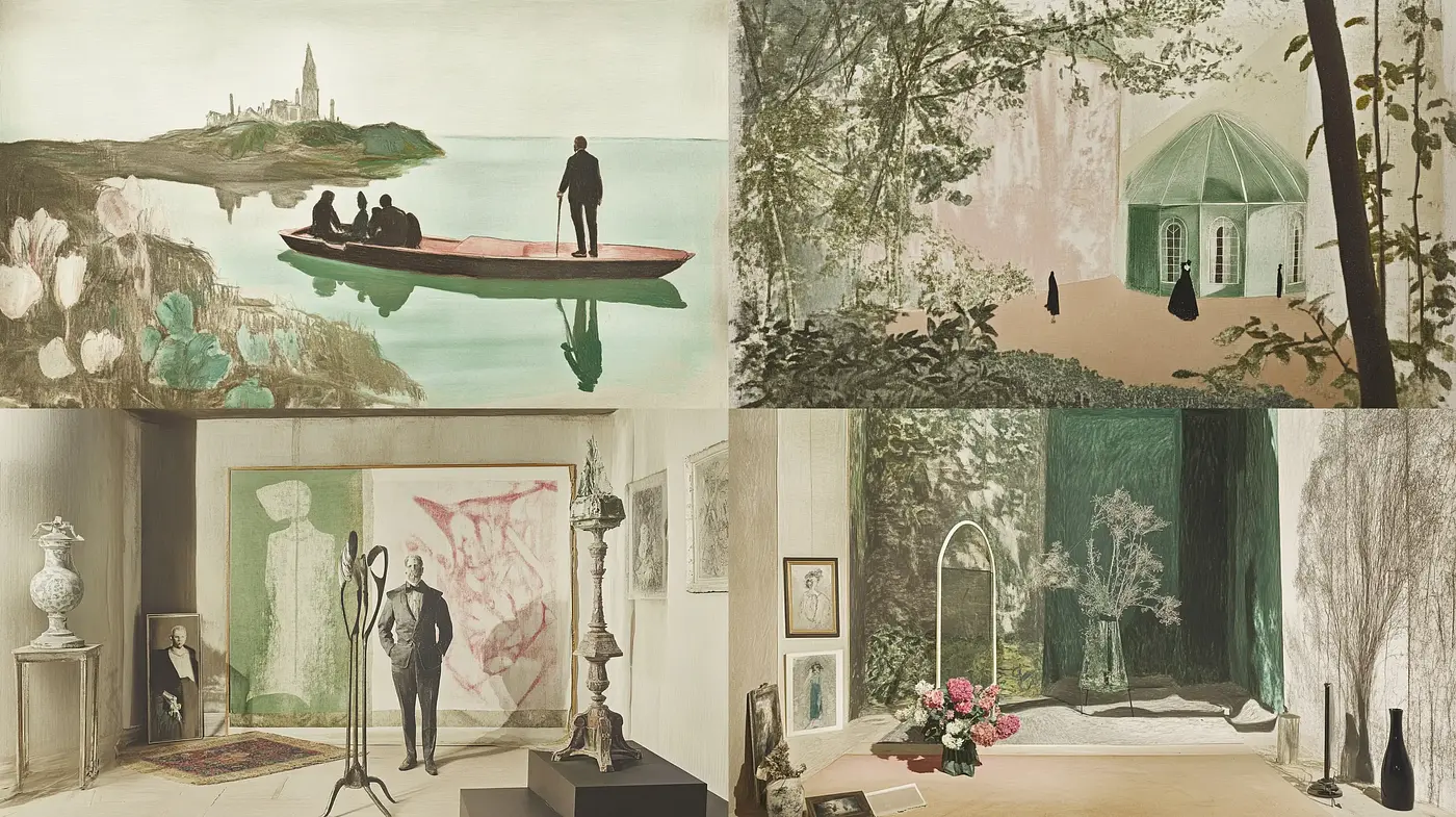 Serene Elegance in Dreamlike Spaces: A Consistent Homage to Surreal Pastoral and Neoclassical Vistas - Midjourney sref style