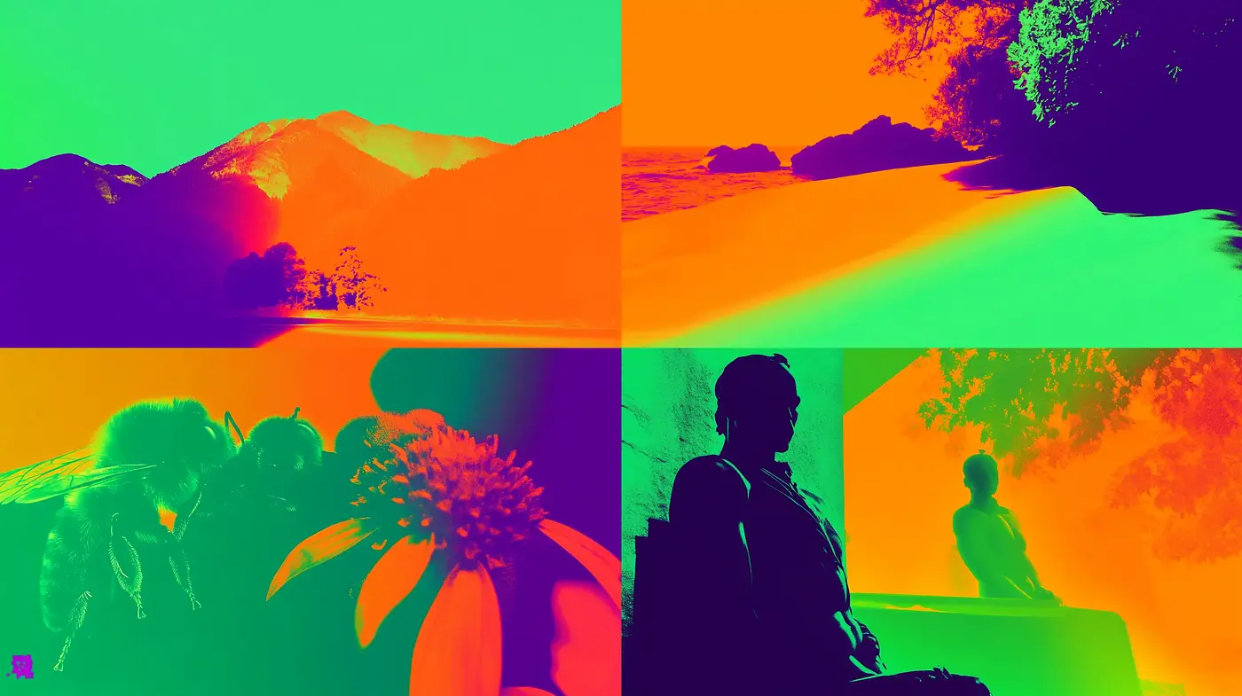Vibrant Dual-Tone Dreamscapes: A Homage to Psychedelic and Surrealist Imaginations - Midjourney sref style