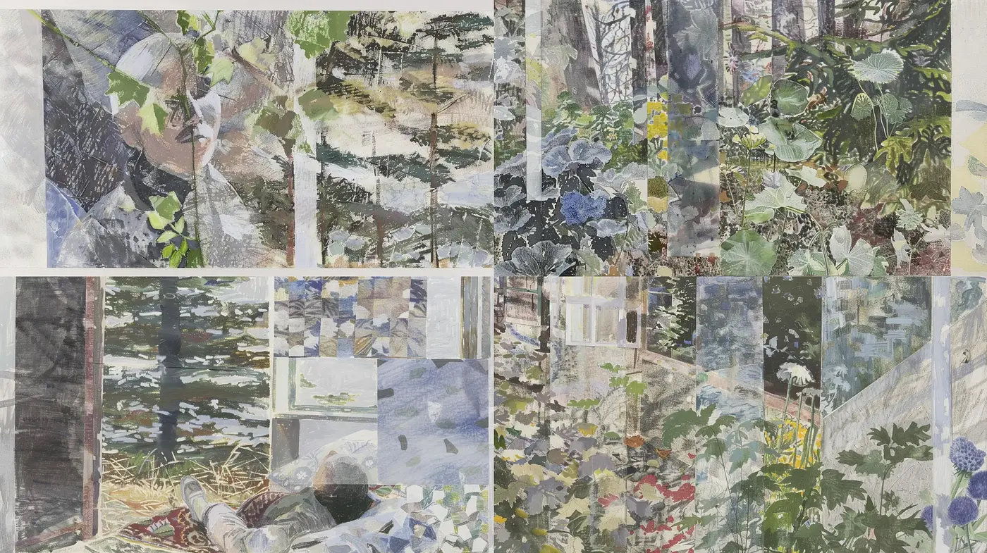 Collage of Fragmented Memories: A Synthesis of Natural Elements and Textured Impressions - Midjourney sref style