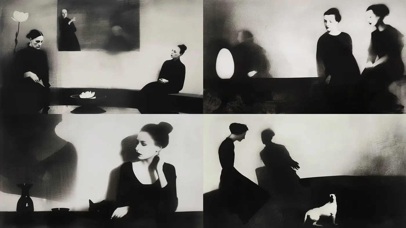 Monochromatic Dreamscape with Ethereal Figures - Midjourney sref style
