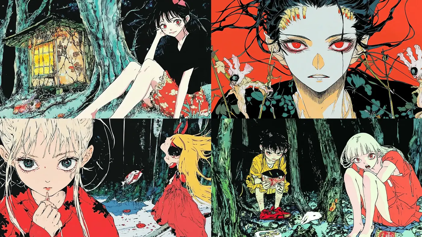 Ethereal Crimson Accents in Haunting Illustrative Narratives - Midjourney sref style