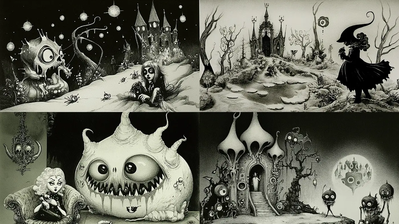Monochromatic Enigmatic Fantasy: A Foray into Surreal Whimsy - Midjourney sref style