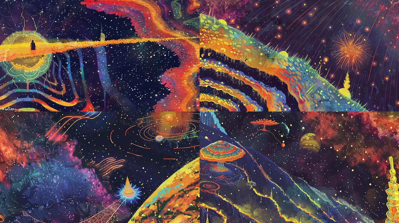 Cosmic Dreamscape Fusion: A Psychedelic Journey Across the Stars - Midjourney sref style