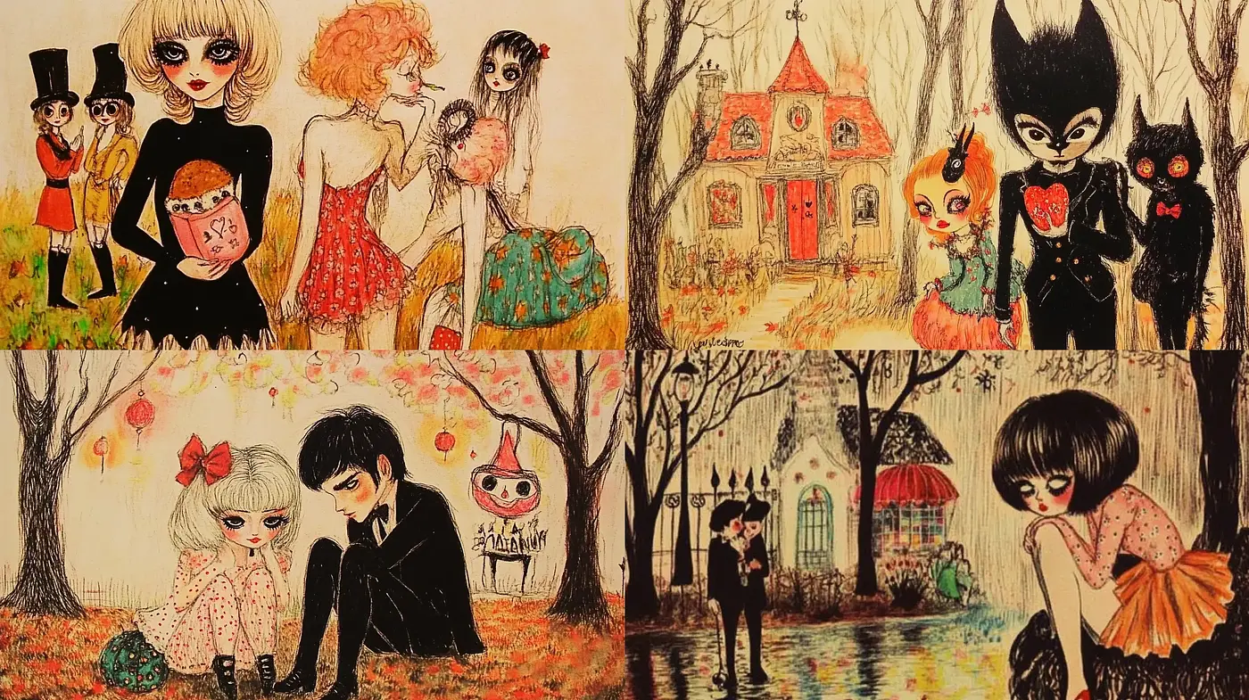 Whimsical Enchantment in Autumnal Hues: A Fusion of Storybook and Gothic Elements - Midjourney sref style