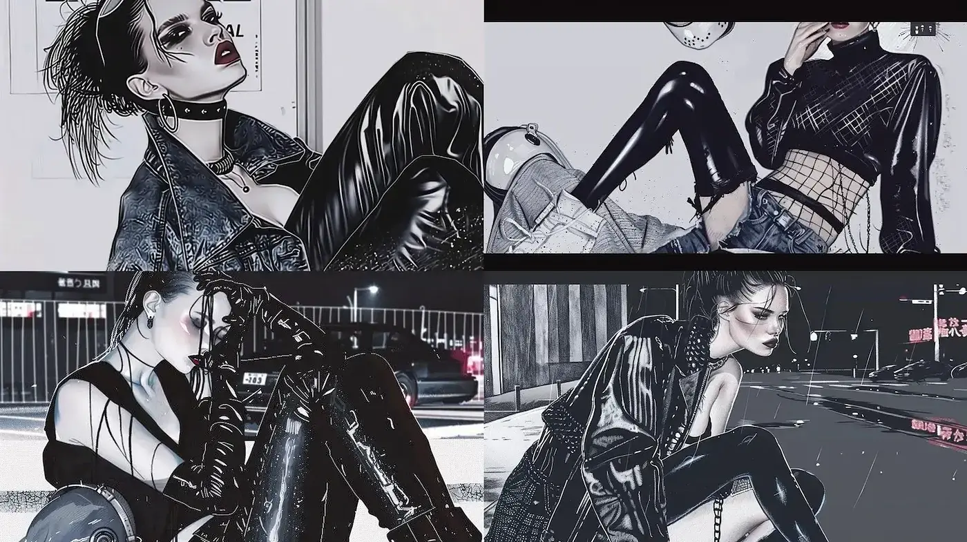 Contemporary Urban Cyberpunk Aesthetic with Edgy Fashion Elements - Midjourney sref style