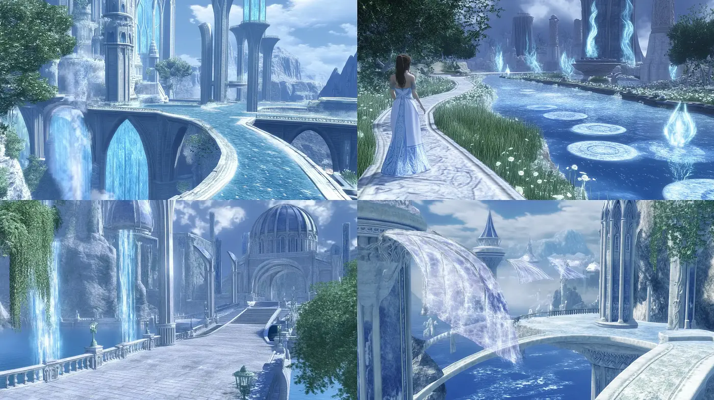 Ethereal Sapphire Realms: A Cinematic Symphony of Azure and Whimsy - Midjourney sref style