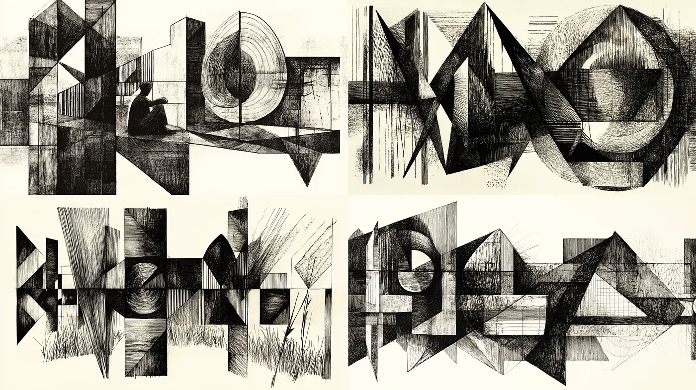 Monochrome Geometric Abstractions with Consistent Textural Expressions - Midjourney sref style