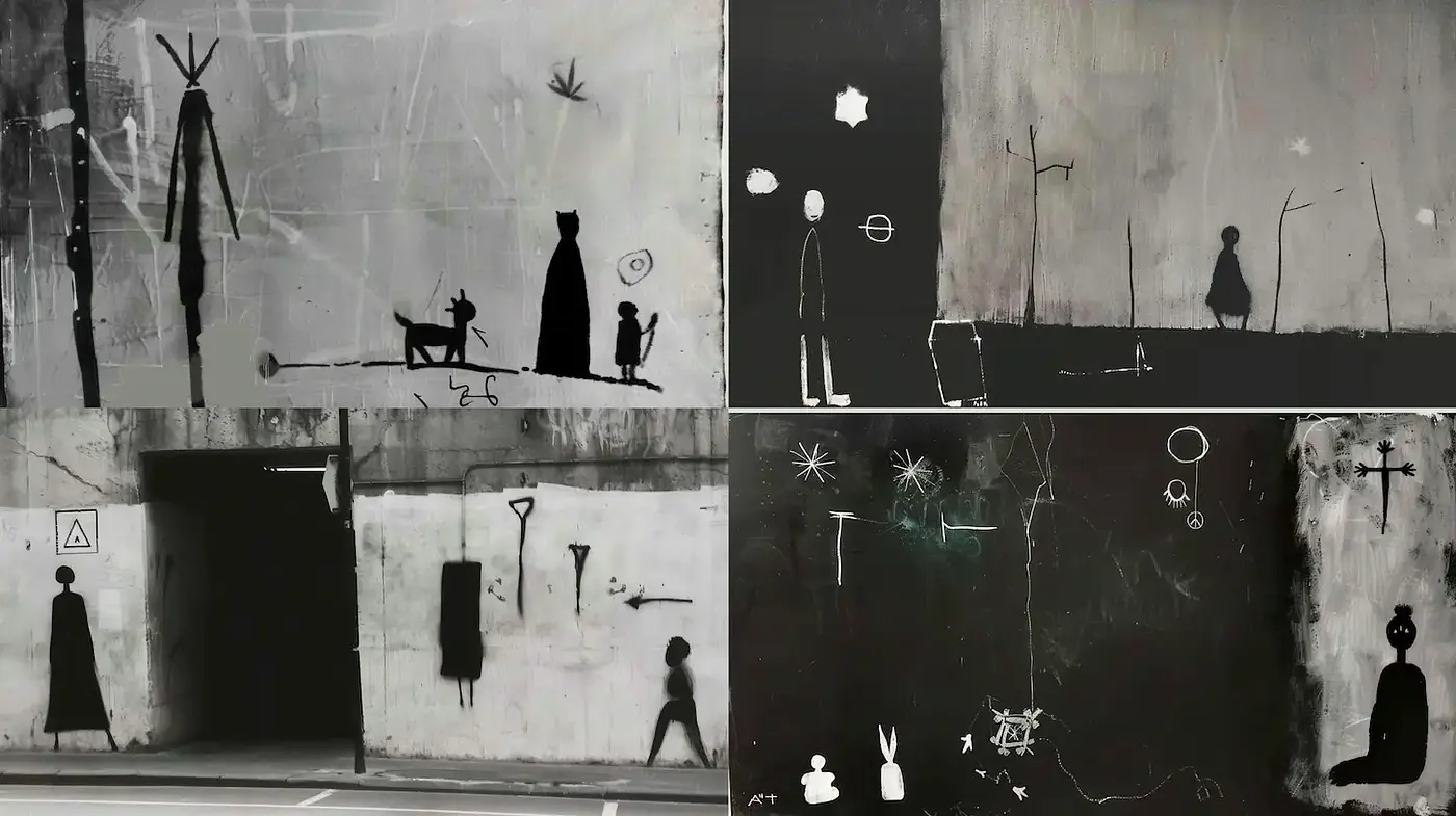 Monochromatic Urban Minimalism with Abstract Figures - Midjourney sref style