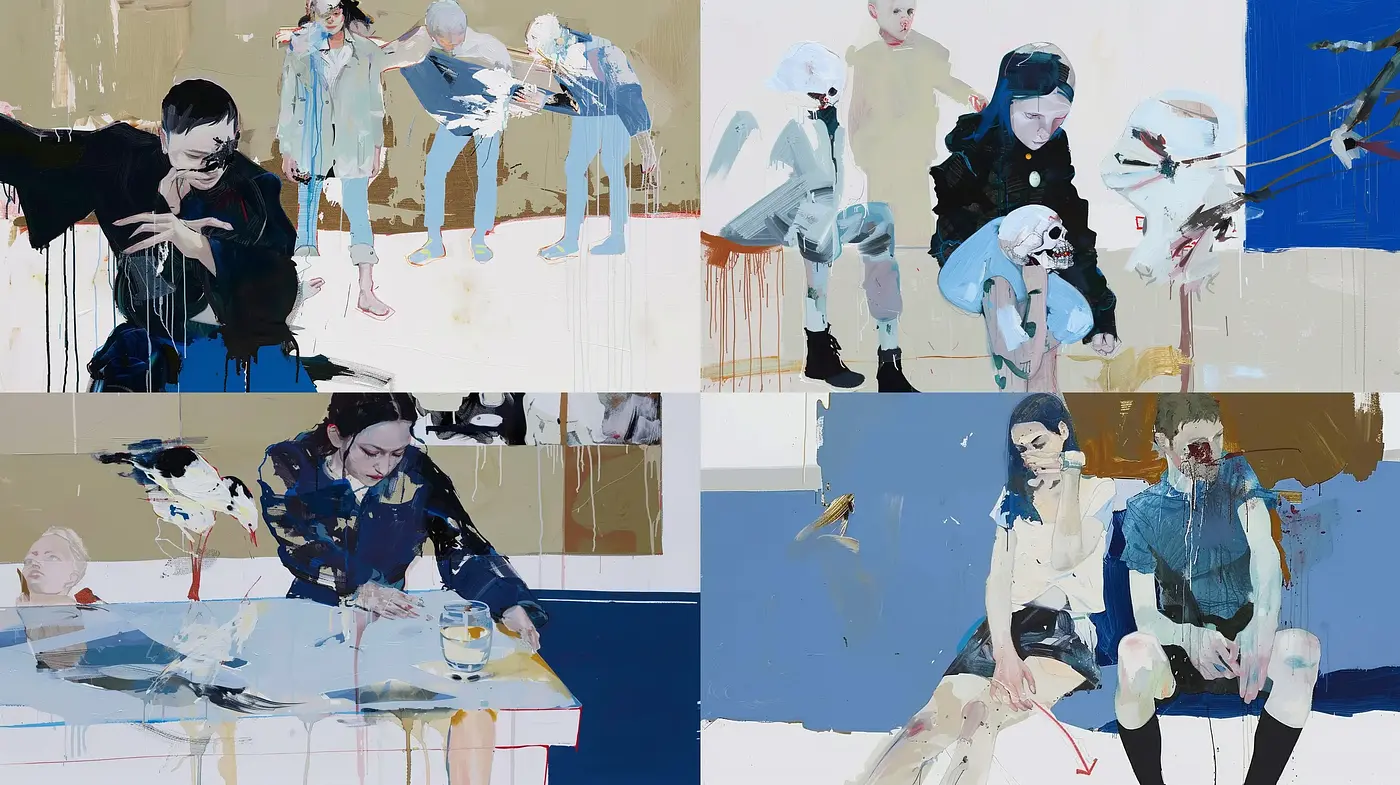 Fragmented Serenity in Blue: A Fusion of Contemporary Abstraction and Figurative Forms - Midjourney sref style