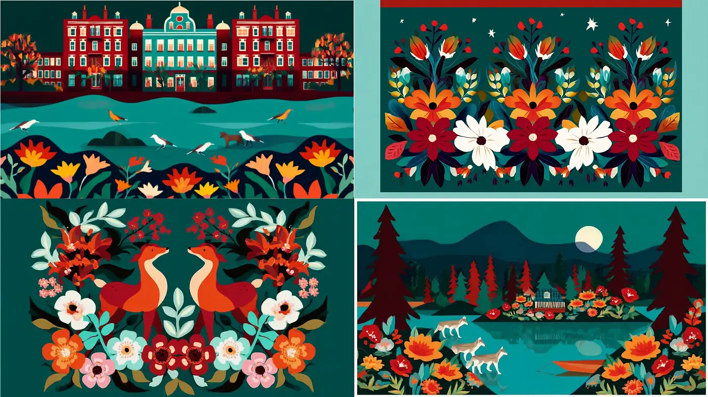 Whimsical Floral and Fauna Illustrations with a Vibrant Palette - Midjourney sref style