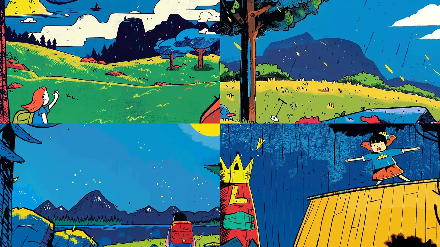 Vibrant Storybook Panorama with Consistent Vintage Illustration Techniques - Midjourney sref style