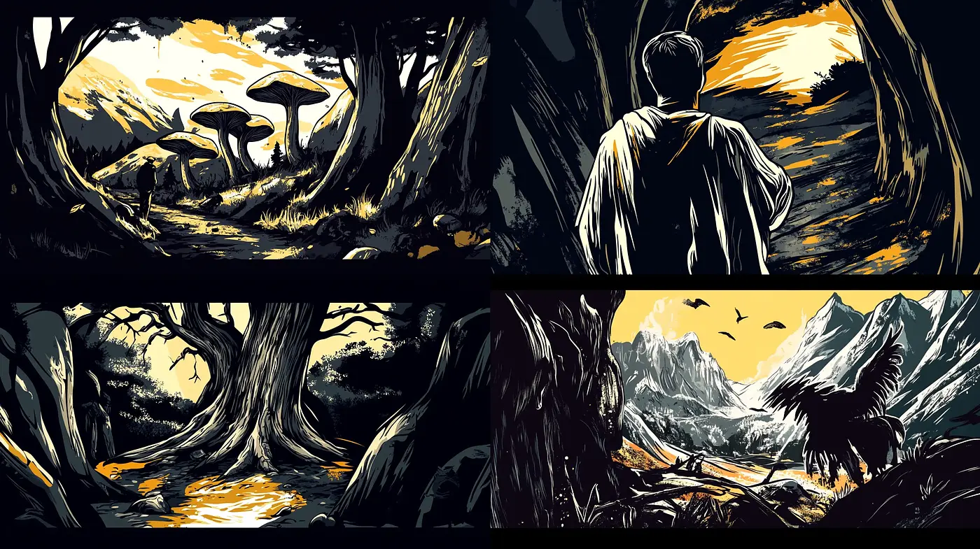 Ethereal Nocturnal Landscapes: A Fusion of Stylized Nature and Expressive Hues - Midjourney sref style