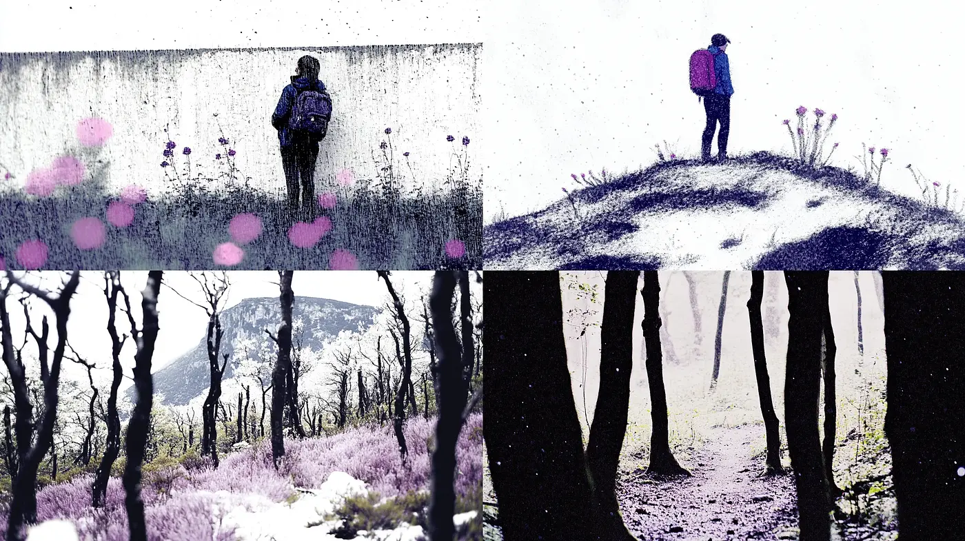 Solitary Figures Amidst Textural Monochrome Landscapes with Splashes of Colors - Midjourney sref style