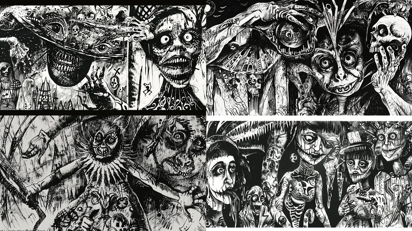 Eerie Monochromatic Visions: A Homage to Gothic Expressionism and Surreal Grotesque - Midjourney sref style