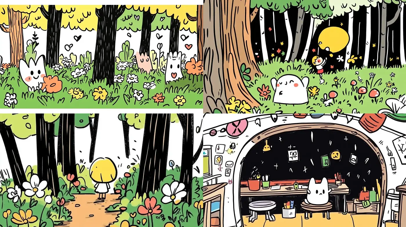 Whimsical Fantasy Forest and Creatures in Bold Contour Linework - Midjourney sref style