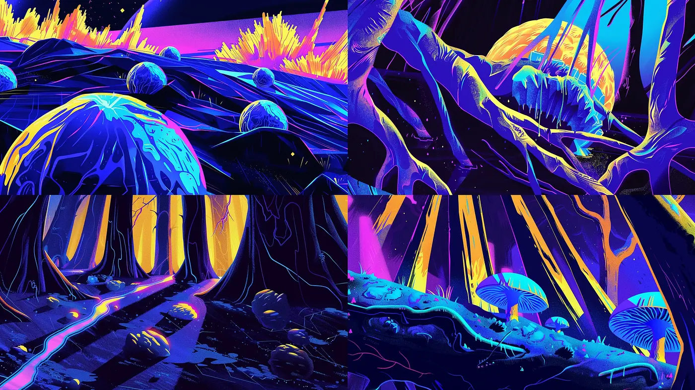 Neon Wilderness Dreamscape: A Vivid Synthesis of Surreal Nature - Midjourney sref style