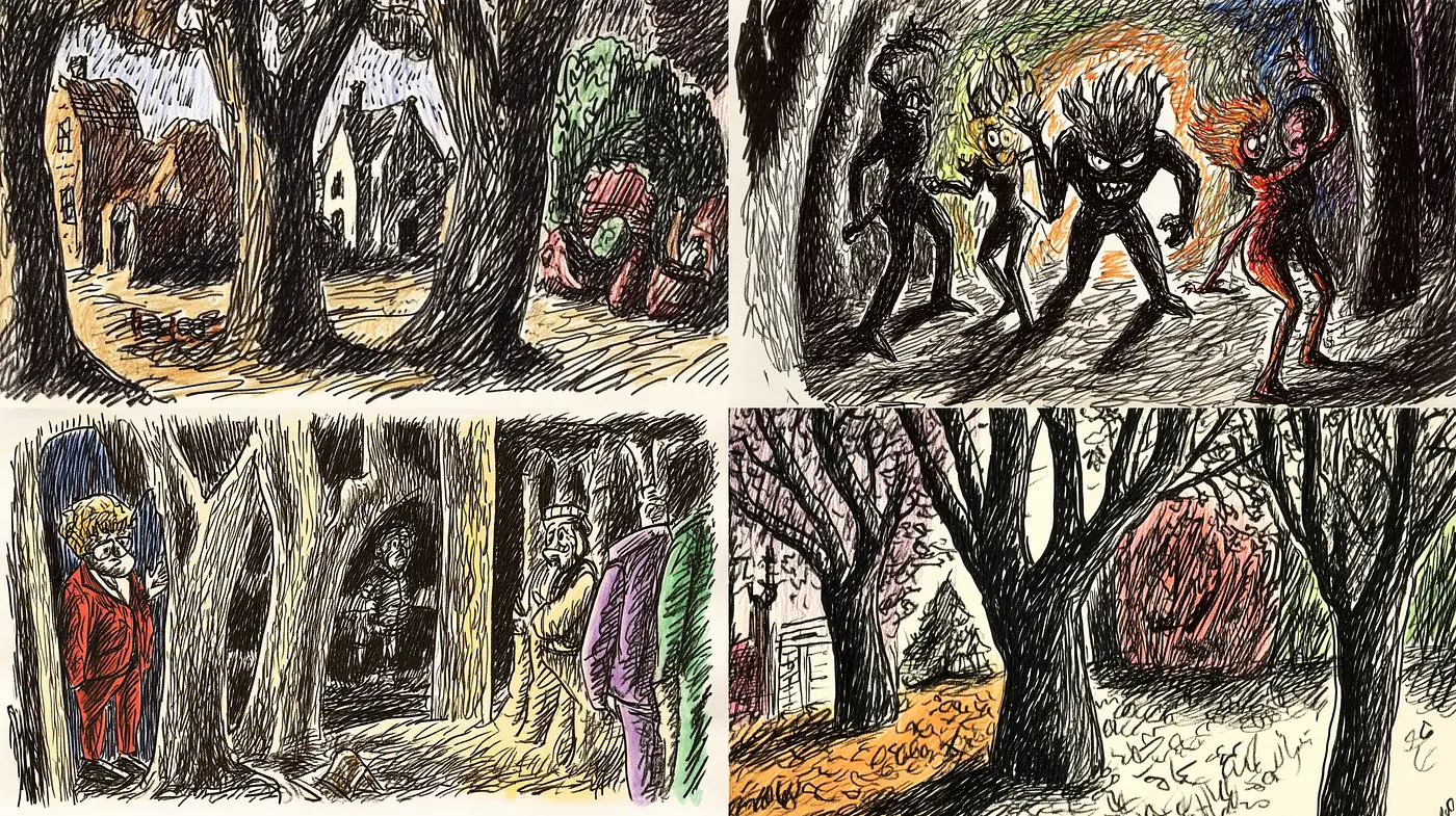 Whimsical Crosshatch Vignettes of Surreal Narratives - Midjourney sref style