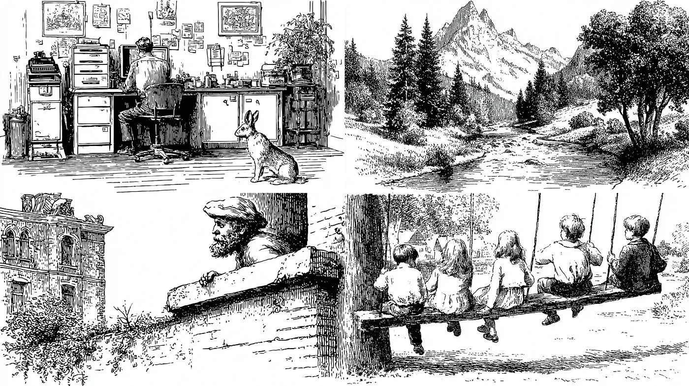 Detailed Illustrative Narratives with a Vintage Essence - Midjourney sref style