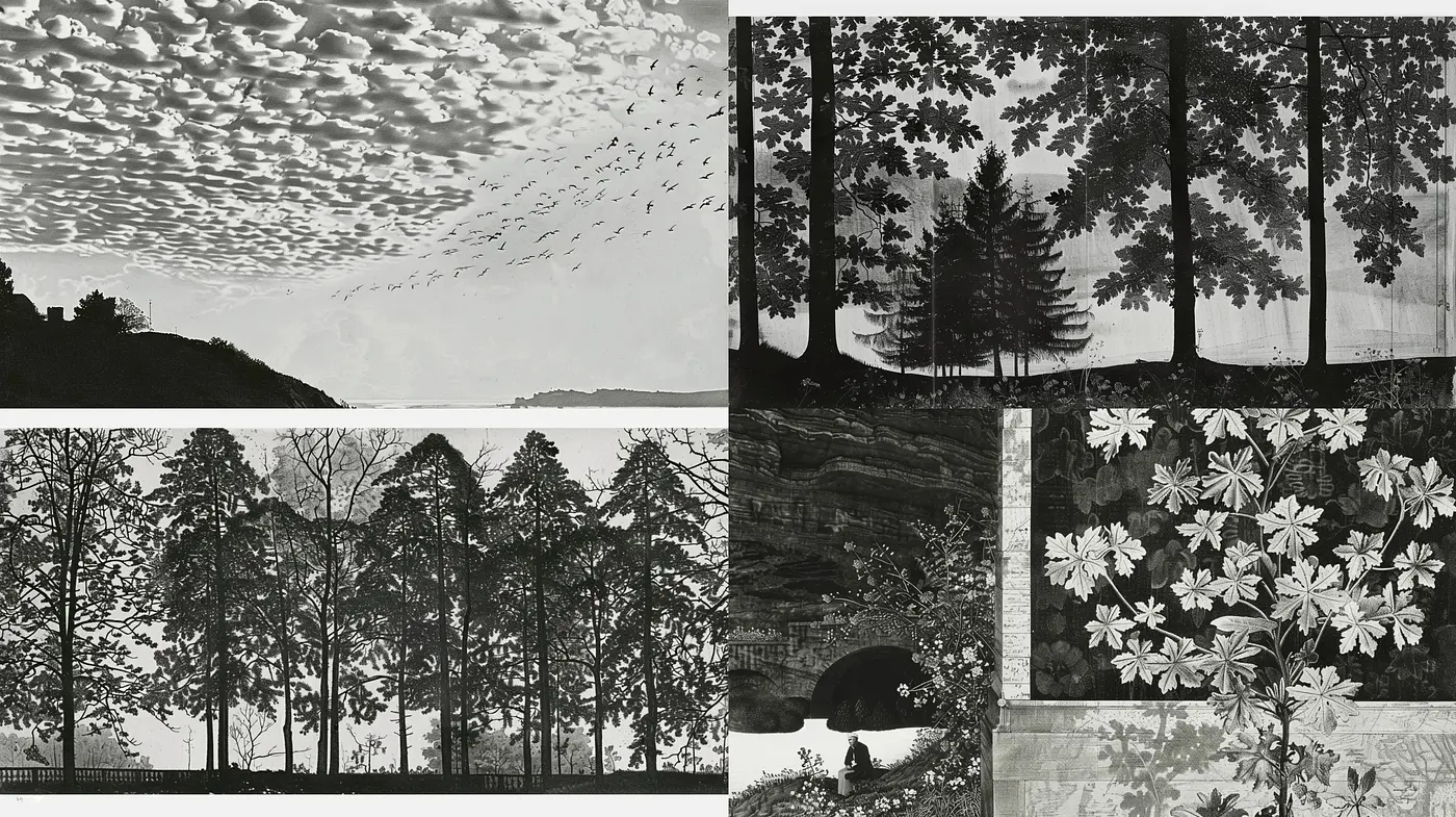 Monochromatic Silhouette Landscape Fusion - Midjourney sref style