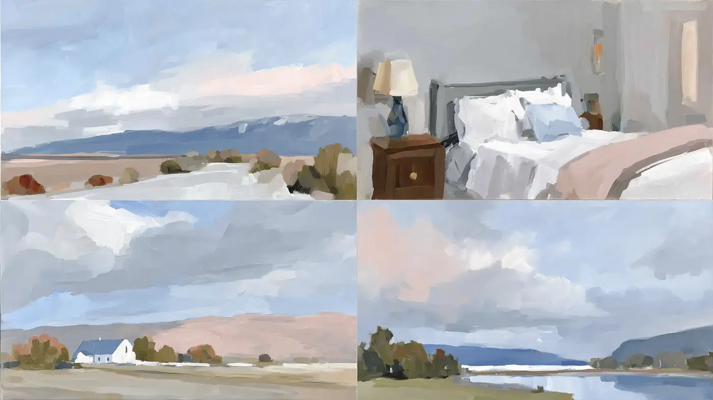 Serene and Gentle Impressionistic Landscapes with Soft Interiors - Midjourney sref style