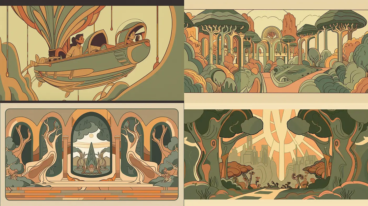 Serene Art Nouveau-Inspired Natural Vistas with Soothing Earth Tones - Midjourney sref style