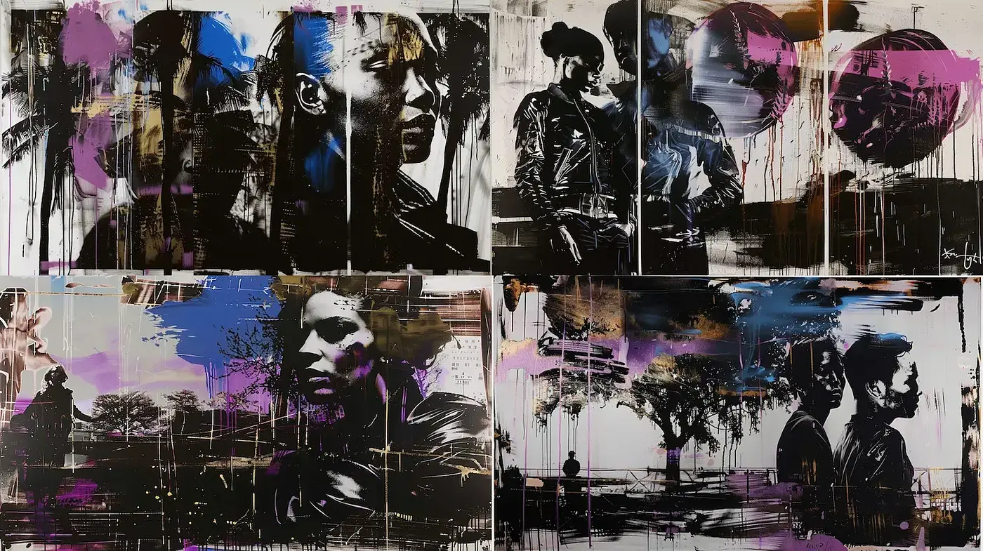 Dynamic and expressive contemporary urban art with photographic influences - Midjourney sref style