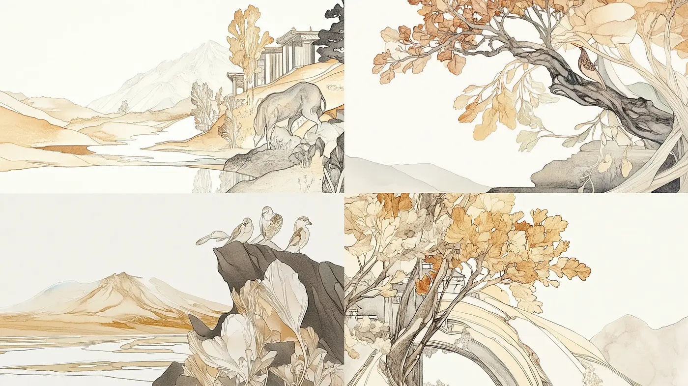 Ethereal Sepia-Washed Landscapes with Delicate Lines and Serene Composition - Midjourney sref style