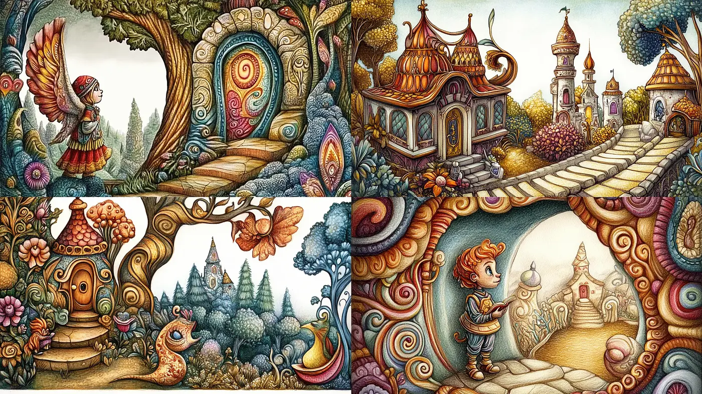 Enchanting Storybook Illustration with Whimsical Curvature and Warm Tones - Midjourney sref style