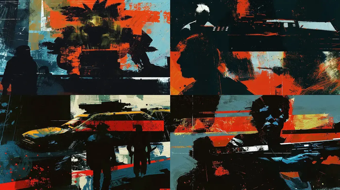 Dynamic and Gripping Urban Expressionism with Dramatic Contrast - Midjourney sref style