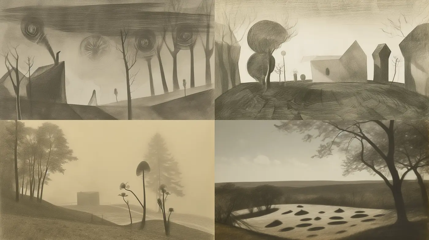 Ethereal Sepia Landscapes: Dreamlike Echoes Through Stylized Nature - Midjourney sref style