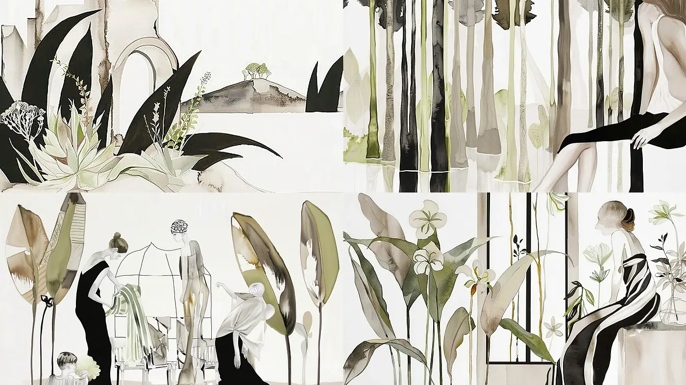 Monochromatic Botanical Elegance in a Modern Gallery - Midjourney sref style