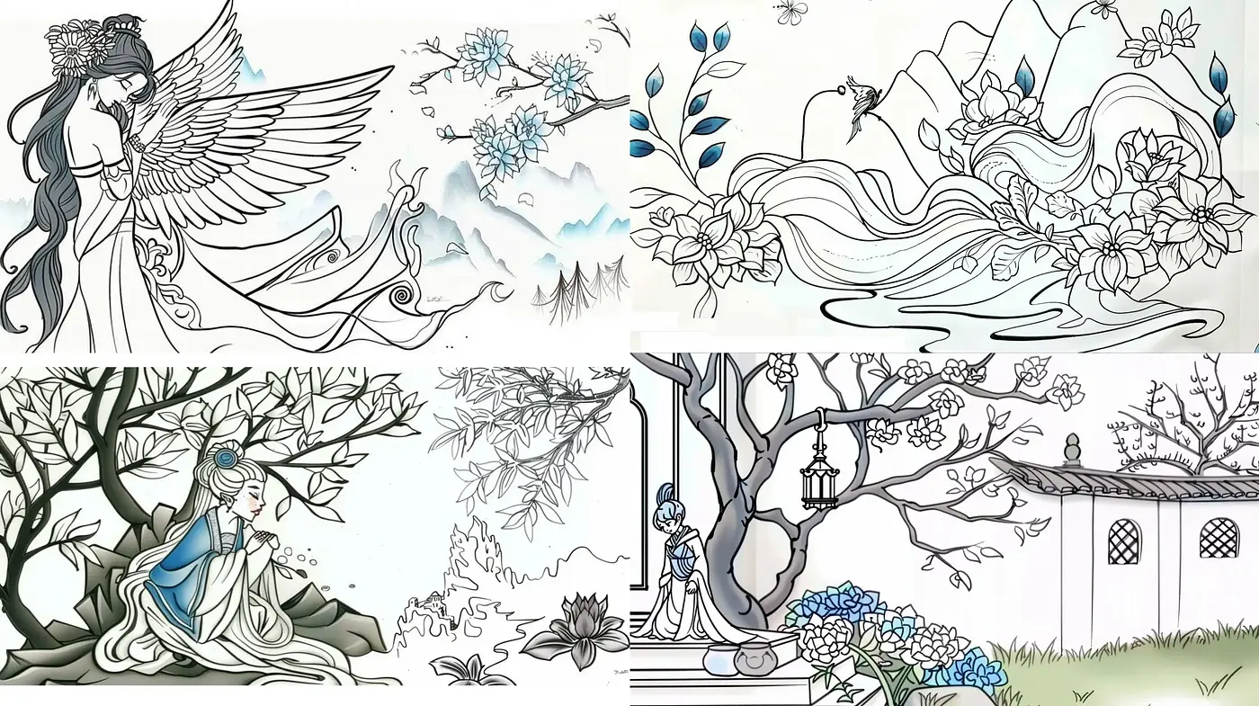 Ethereal Elegance: Evoking Dreamlike Tranquility Through Line Art and Monochromatic Hues - Midjourney sref style