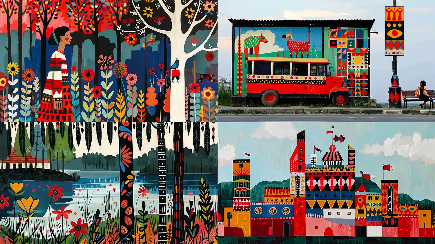 Eclectic Fusion of Naive Art and Modern Folklore in Vivid Hues - Midjourney sref style