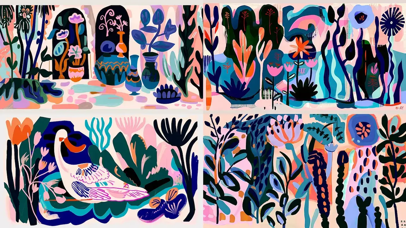 Colorful and Whimsical Botanical Illustrations with a Playful Essence - Midjourney sref style
