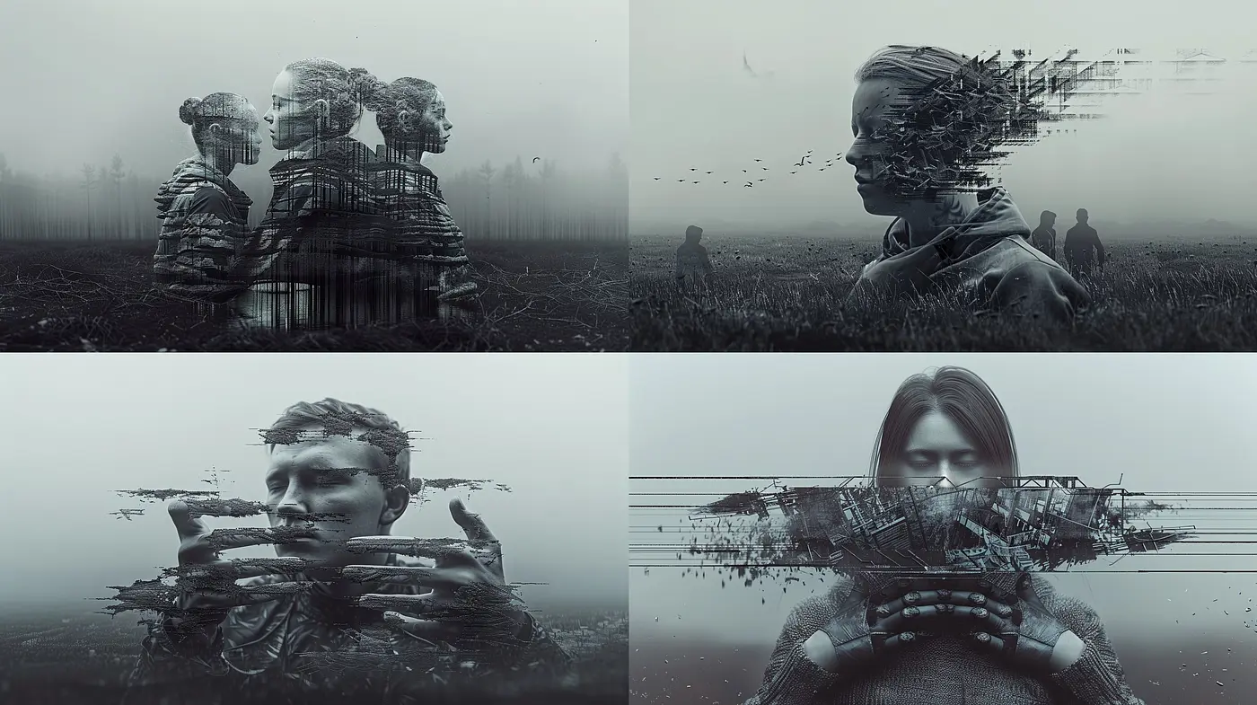 Monochrome Elegy: Glitch Art Meets Serene Desolation - Midjourney sref style