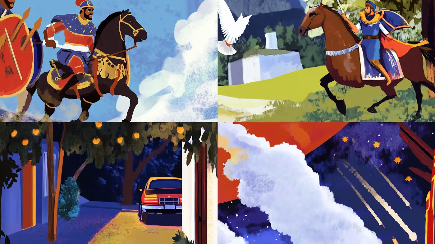 Dynamic Storybook Vignettes: A Tapestry of Vivid Contrasts and Nostalgic Undertones - Midjourney sref style