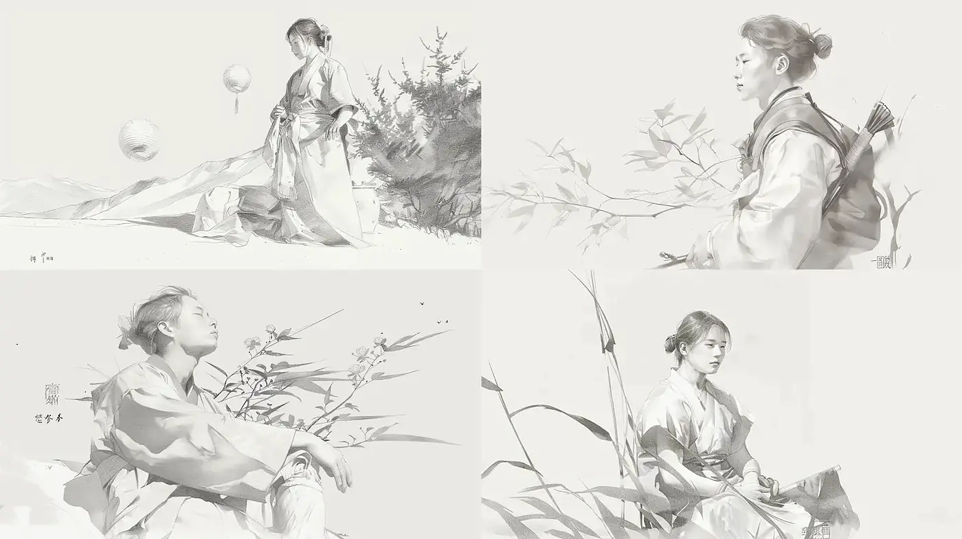 Elegant monochromatic depictions with subtle natural elements - Midjourney sref style