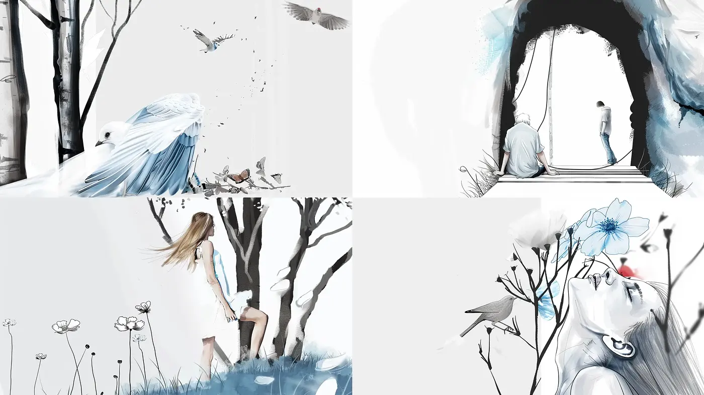 Ethereal Monochrome Dreamscape with Splashes of Azure - Midjourney sref style