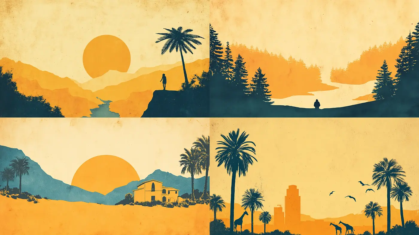 Elegant and Serene Sunset Landscapes with a Retro Flair - Midjourney sref style