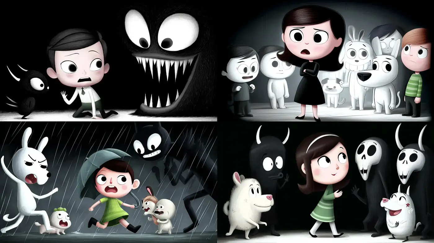 Whimsical Character-Driven Illustrations with a Darkly Comedic Twist - Midjourney sref style