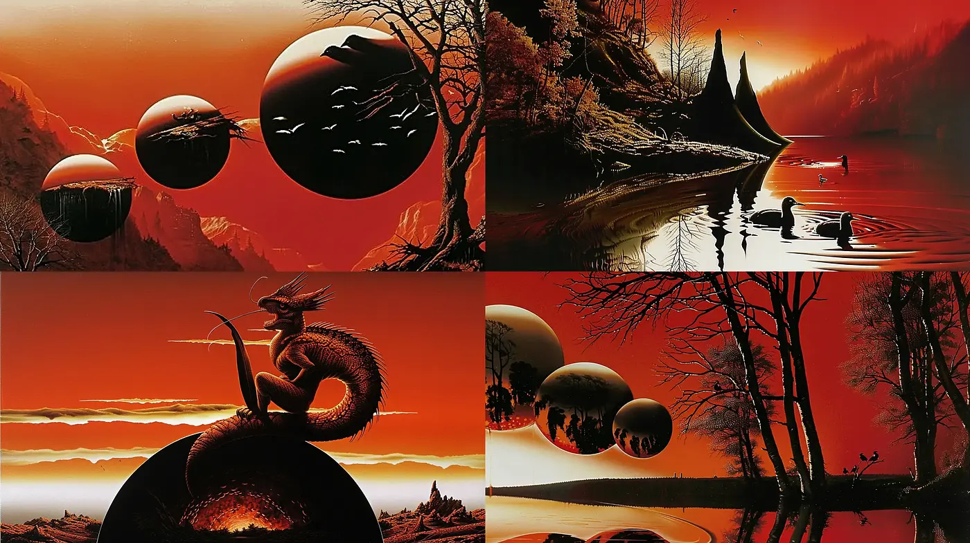 Surreal Crimson Dusk: An Ode to Sci-Fi Dreamscapes - Midjourney sref style