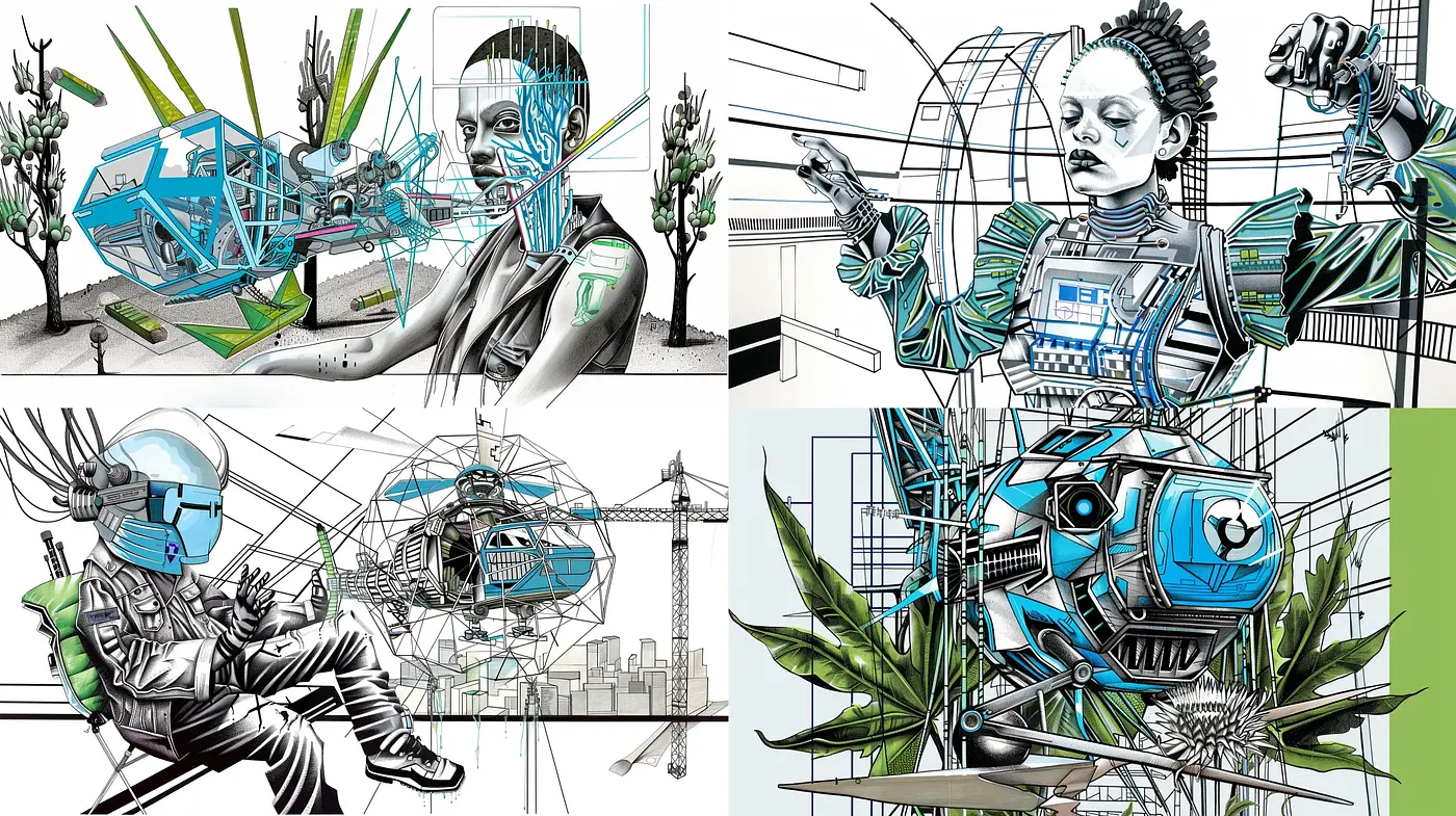 Futuristic Mechanical Synthesis with a Blueprint Aesthetic - Midjourney sref style