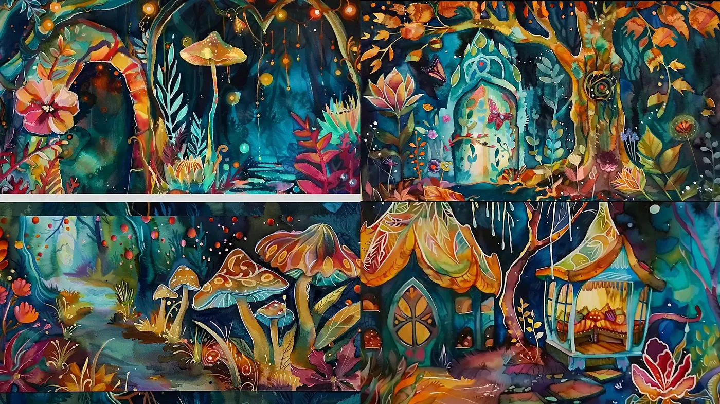 Enchanted Forest Dreamscape in a Whimsical Storybook Illustration Style - Midjourney sref style